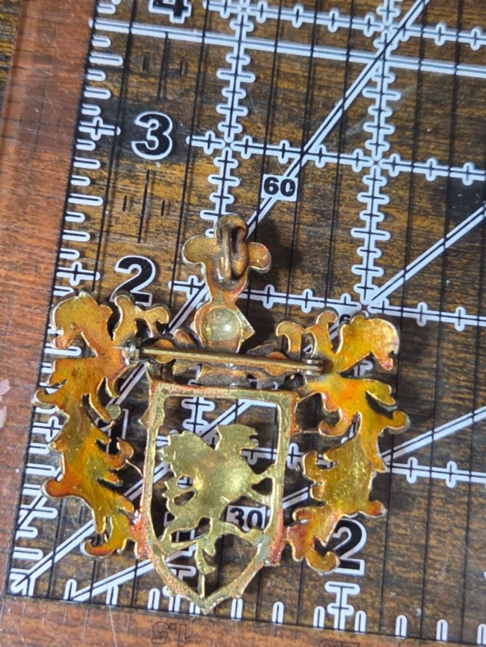 Vintage Gold Tone Heraldic Shield Brooch Pin Griffin Rampant Coat of Arms Crest - Picture 3 of 9